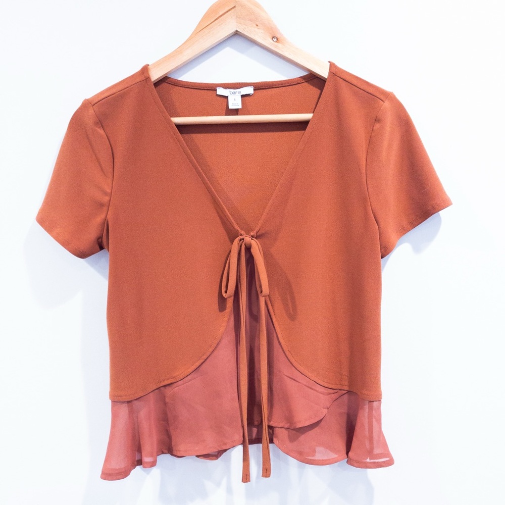 Bar III Rust Orange Tie Front Layered Look Y2K Inspired Top Small